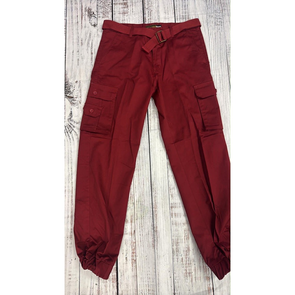 Attitude Cargo Mens‎ Burgundy Red Jogger Pants Belted Utility Streetwear Size 34